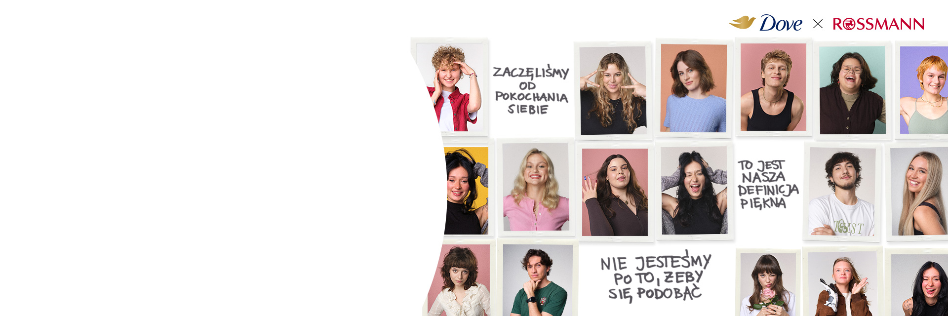 Baner kampanii Dove × Rossmann z wieloma portretami osób oraz hasłem promującym autentyczne piękno i pewność siebie.