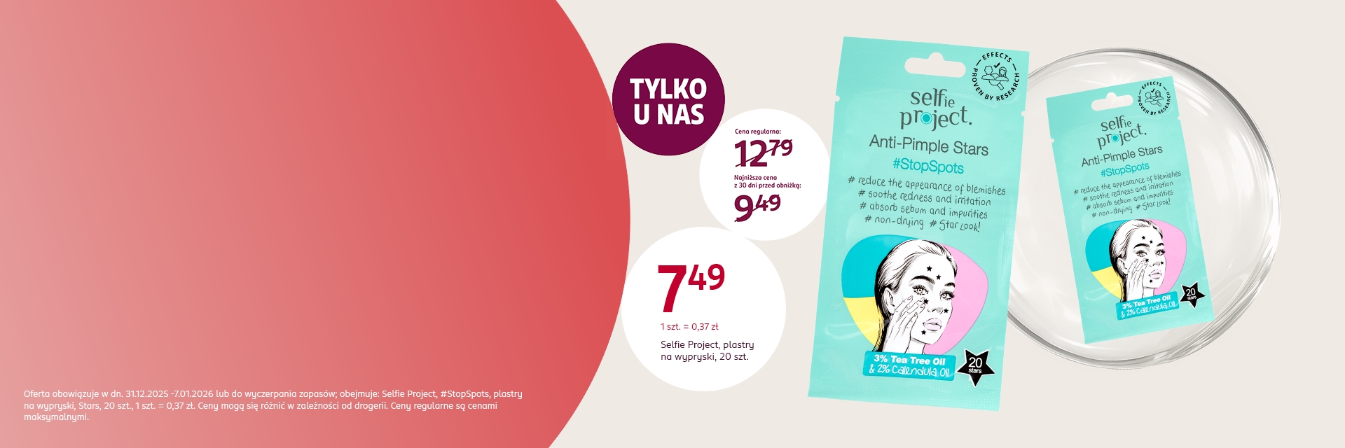 Promocja na plastry przeciw wypryskom Selfie Project Anti-Pimple Stars #StopSpots, opakowanie 20 sztuk, cena 7,49 zł, dostępne tylko w drogerii Rossmann.