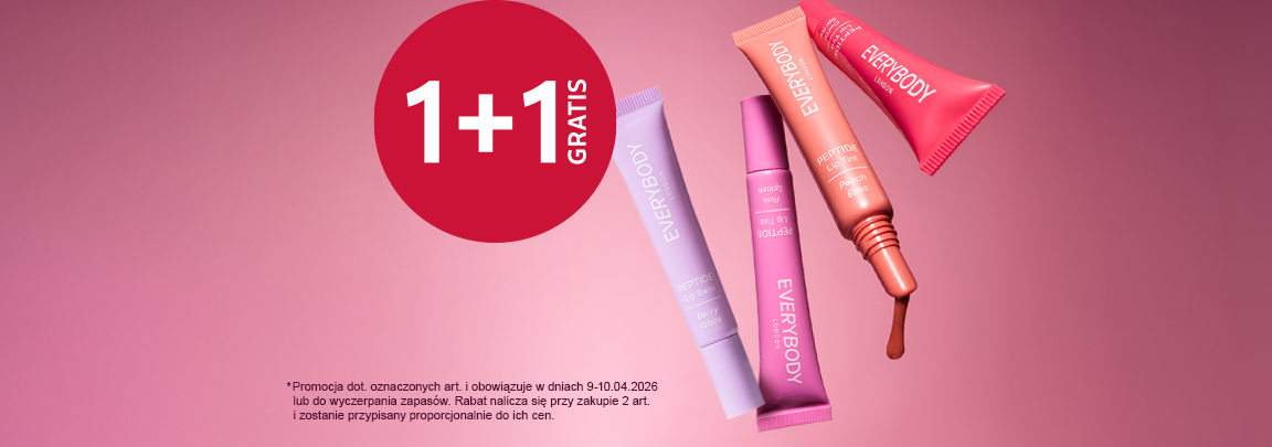 Baner promocyjny Everybody: kolorowe błyszczyki i tinty do ust w tubkach na różowym tle, oferta 1+1 gratis – przy zakupie jednego produktu drugi otrzymasz gratis.
