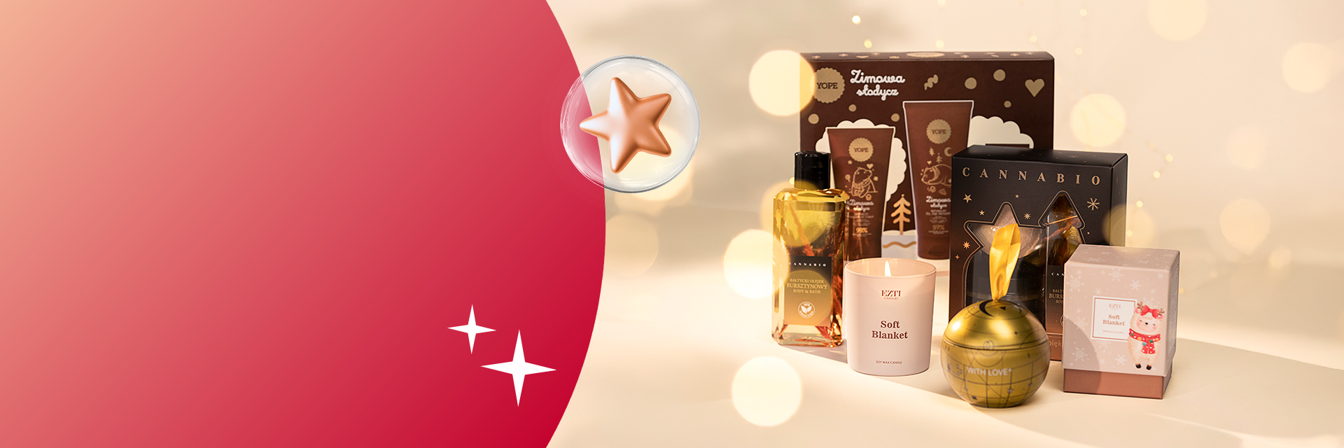 Świąteczne zestawy kosmetyków YOPE z limitowanymi produktami Cannabio i Limoncello & Saffron na jasnym tle z dekoracjami.