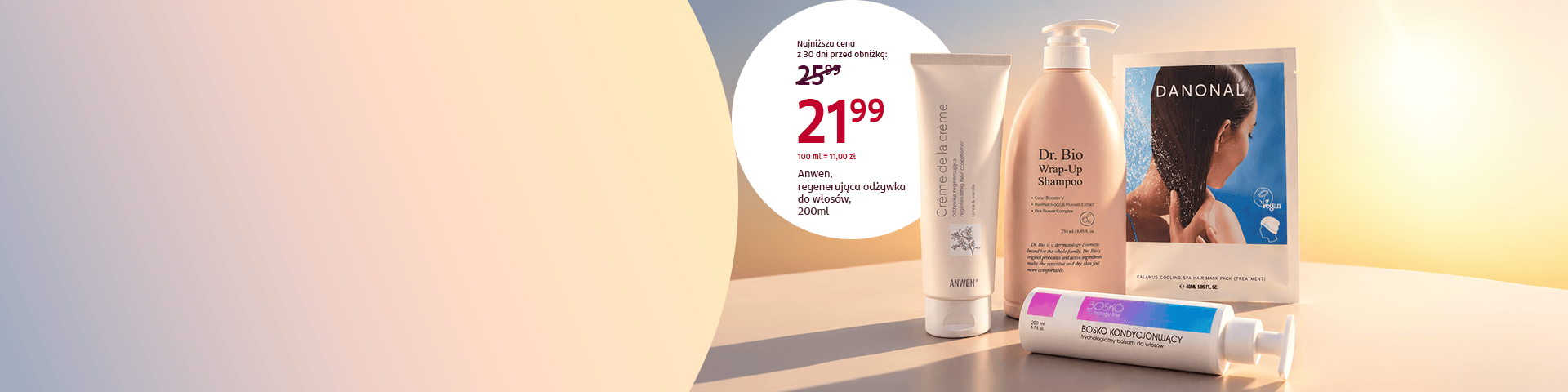Produkty do pielęgnacji włosów marek Anwen, Dr. Bio, Danonal i Bosko. Odżywka Anwen 200 ml w promocji za 21,99 zł. Sprawdź kosmetyki wspierające regenerację i pielęgnację włosów.