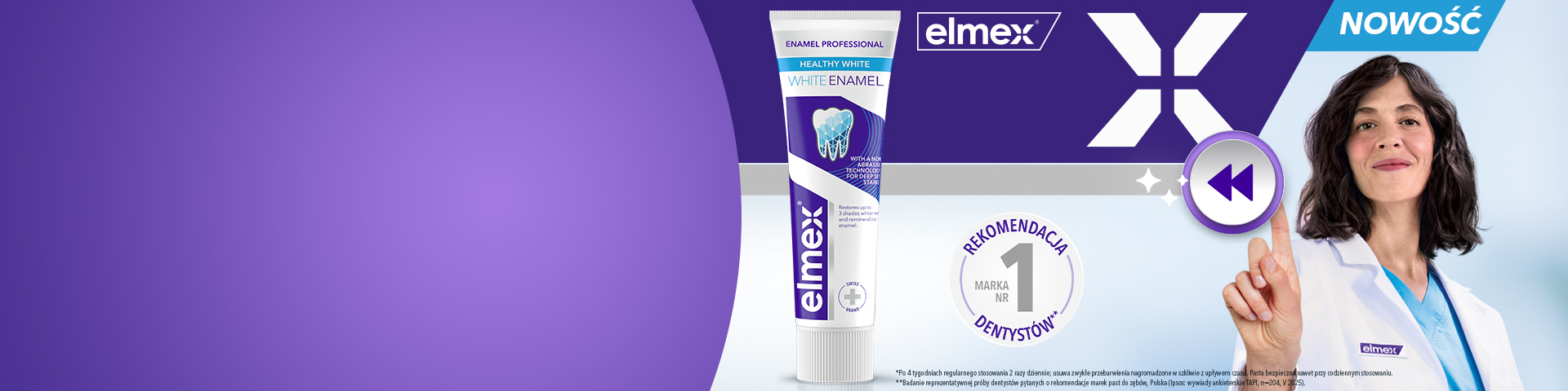 Pasta do zębów elmex Enamel Professional Healthy White na fioletowym banerze, z hasłem „Cofnij do 15 lat przebarwień”, oznaczeniem nowości i rekomendacją dentystów, obok osoby w białym stroju wskazującej ikonę cofania.