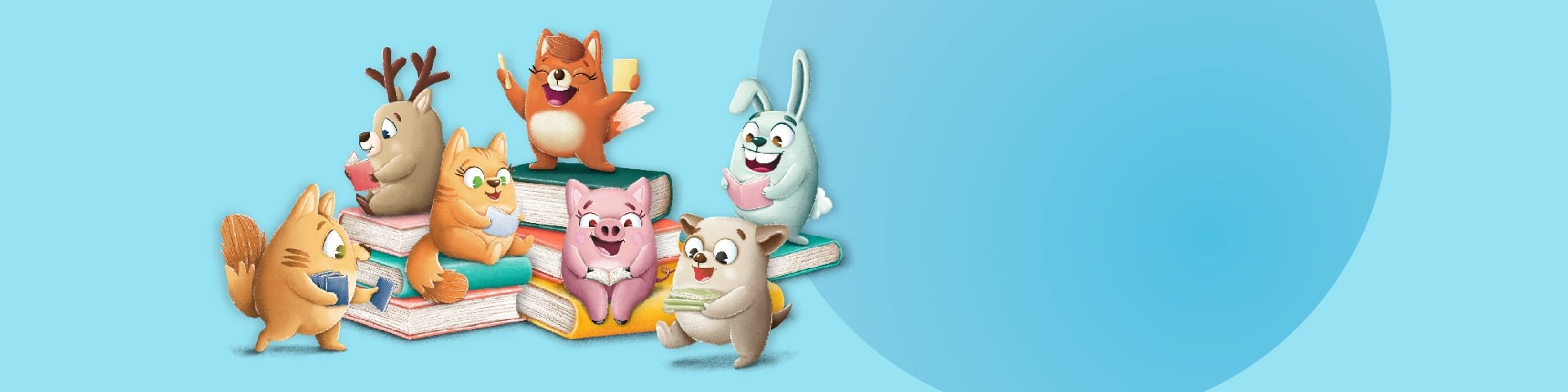 Czyściochowe Opowieści – animowane zwierzątka czytające książki na stosie kolorowych książek. Przejdź do akcji edukacyjnej marki Czyściochowo i odkrywaj opowieści dla dzieci.
