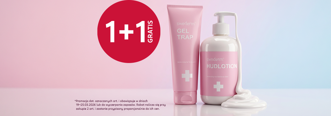 Dwa zestawy kosmetyków Green Pharmacy ustawione na kamiennym cokole w otoczeniu roślin, obok czerwonego koła z napisem 1+1 gratis.