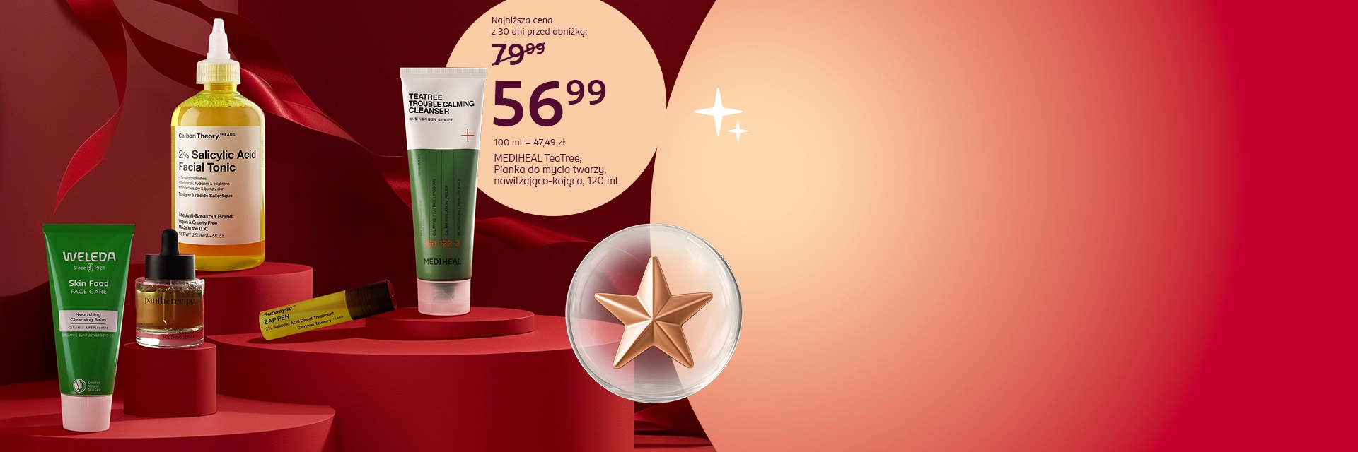 Baner z kosmetykami Weleda, Carbon Theory, Pestlo i Mediheal na czerwonym tle. Promocja online w drogerii Rossmann na piankę Mediheal TeaTree 120 ml – cena 56,99 zł zamiast 79,99 zł.