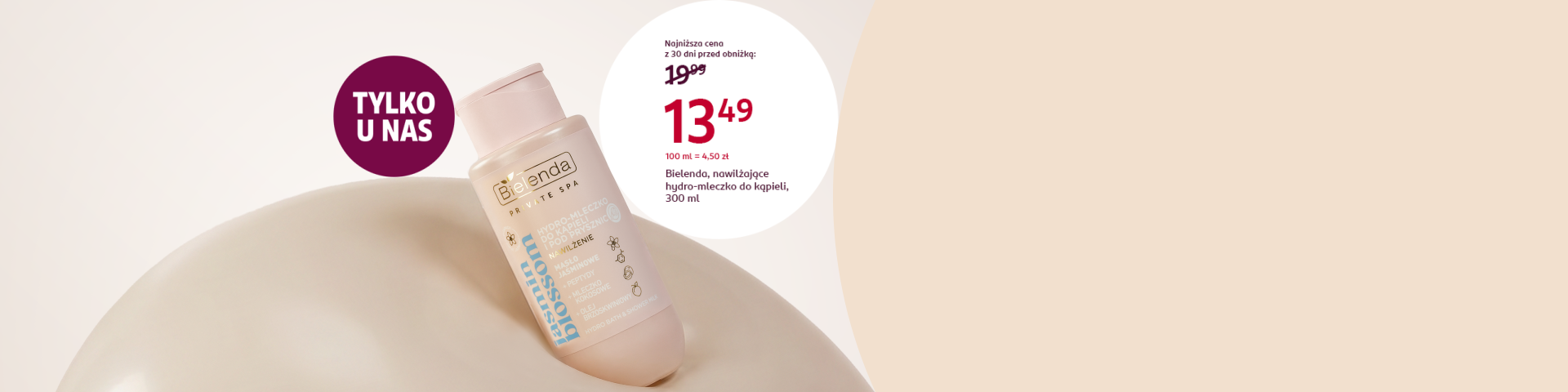 Bielenda Pre Vita Spa Blossom, nawilżające hydro‑mleczko do kąpieli 300 ml w promocyjnej cenie 13,49 zł. na jasnym tle. Produkt dostępny tylko u nas, w drogerii Rossmann.