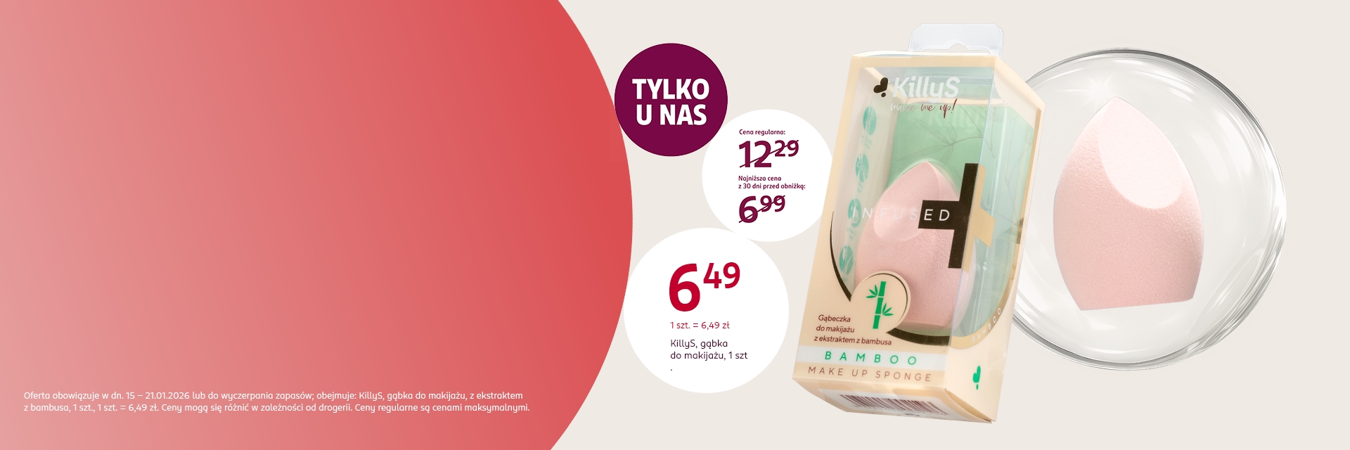 Baner z gąbką do makijażu KillyS Bamboo w opakowaniu, różowa, cena promocyjna 6,49 zł. Produkt dostępny tylko w drogerii Rossmann.