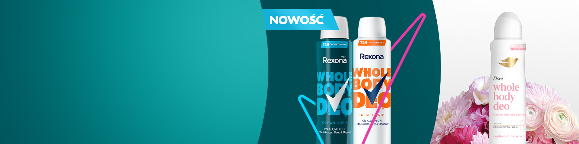 Antyperspiranty Rexona Whole Body Deo w sprayu oraz Dove Whole Body Deo. Na grafice widoczne dezodoranty do całego ciała zapewniające ochronę przed potem i zapachem. 