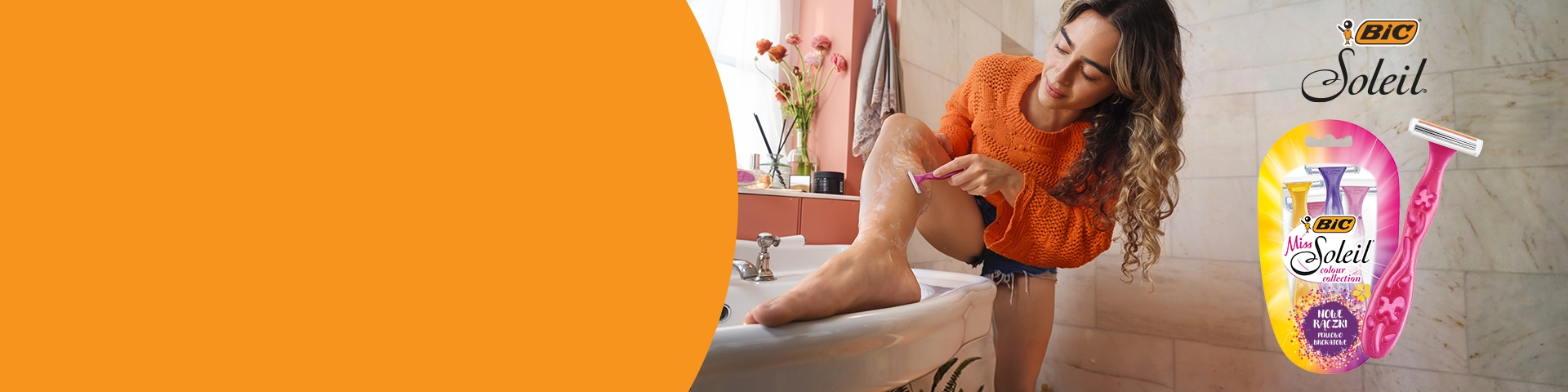 Osoba goli nogę różową maszynką BIC Soleil w łazience; obok opakowanie Miss Soleil Colour Collection, promocja na maszynki BIC – sprawdź ofertę