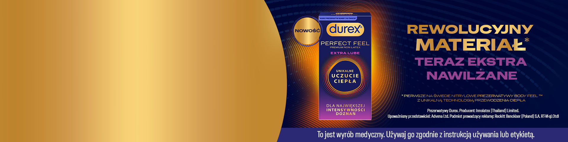 Baner reklamowy Durex Perfect Feel Extra Lube – opakowanie prezerwatyw z komunikatem o rewolucyjnym materiale i ekstra nawilżeniu, oznaczenie nowości oraz hasło o intensywnych doznaniach na ciemnym, graficznym tle.